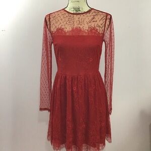 Express Red Lace Mini Long Sleeve Dress Size 8